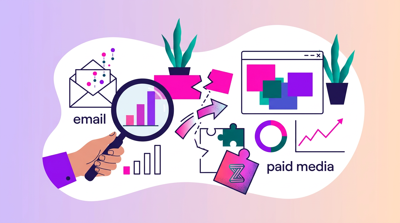 Illustration of a hand holding a magnifying glass over charts, with email and paid media icons, graphs, a puzzle piece, plants, and a computer window, representing digital marketing analysis.