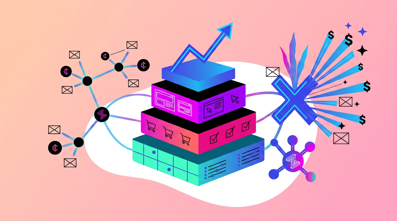 A stylized illustration of a layered digital platform with graphs, shopping carts, checklists, and connected icons representing emails, currency, and data on a pink gradient background.