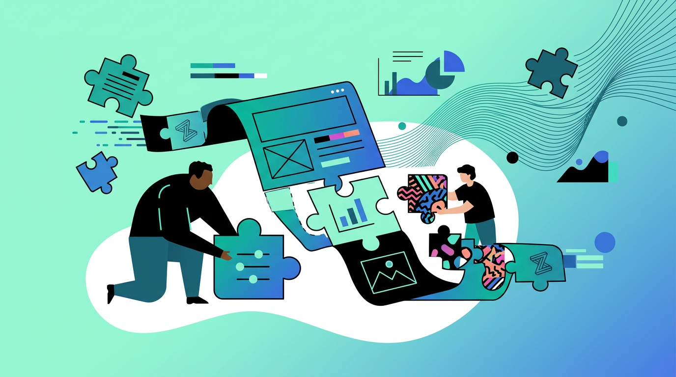 Two people assemble oversized puzzle pieces with charts, graphs, and interface elements, illustrating data analysis and teamwork on a blue-green background.