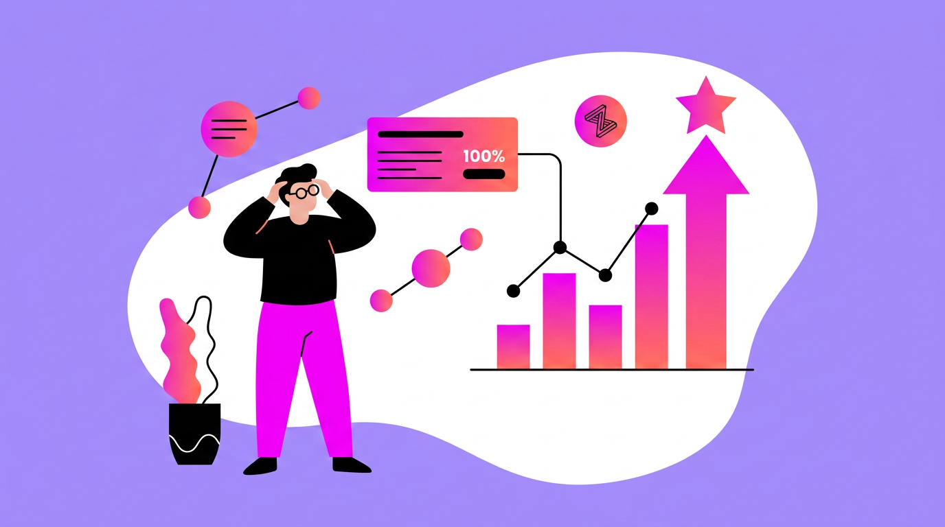 Illustration of a person analyzing charts with bars, arrows, and graphs showing growth, surrounded by abstract icons and molecules on a purple background.