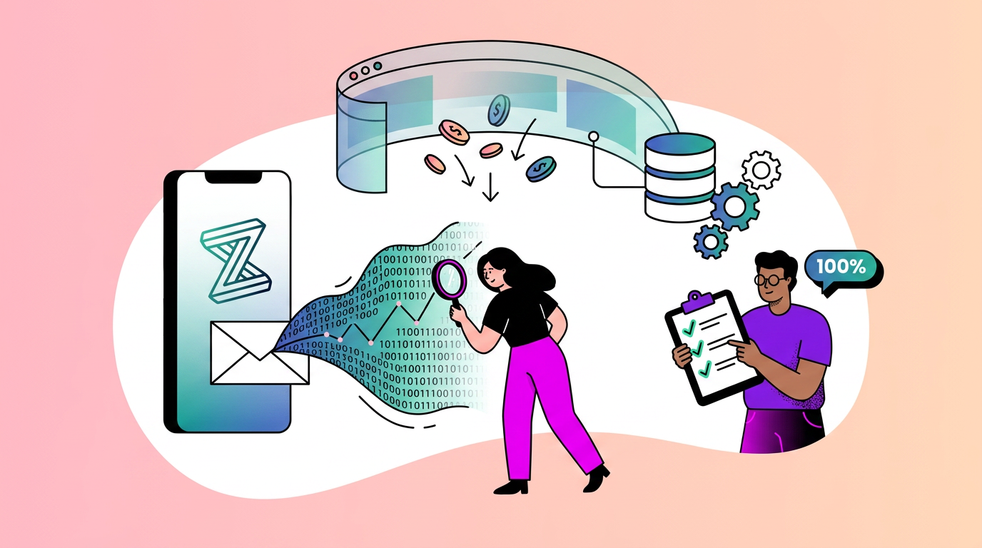 Illustration of a woman analyzing binary data from a smartphone, a person holding a checklist, and digital icons representing data flow and processing.