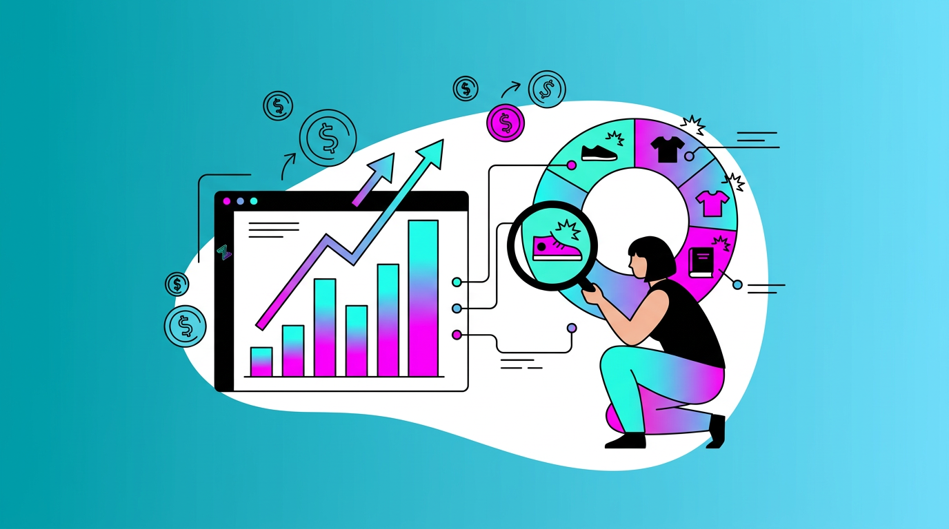 Illustration of a person analyzing growth charts on a computer with financial and product icons, symbolizing business analytics and e-commerce.