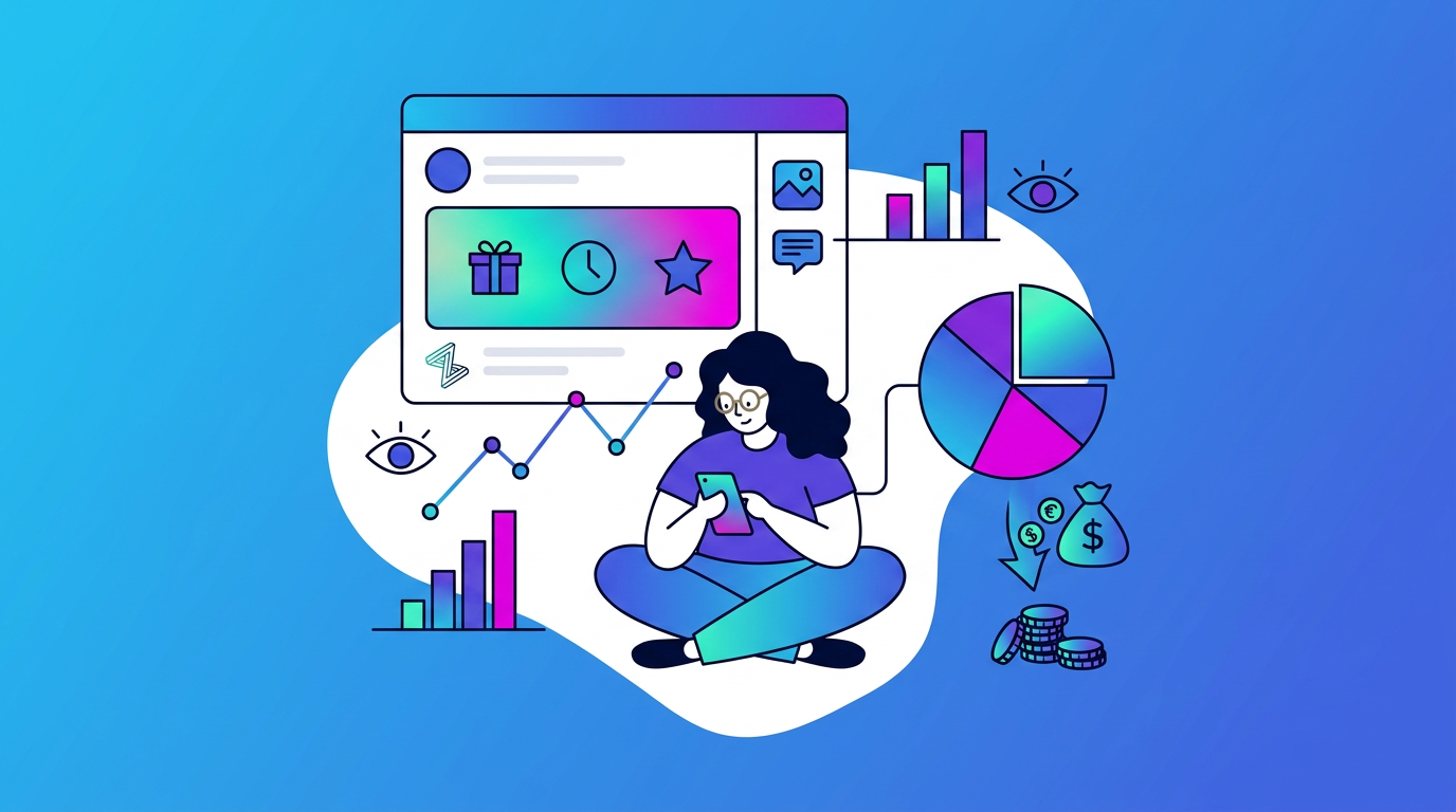 Illustration of a person sitting with a phone, surrounded by graphs, charts, coins, and a large webpage interface, symbolizing data analysis and digital engagement.