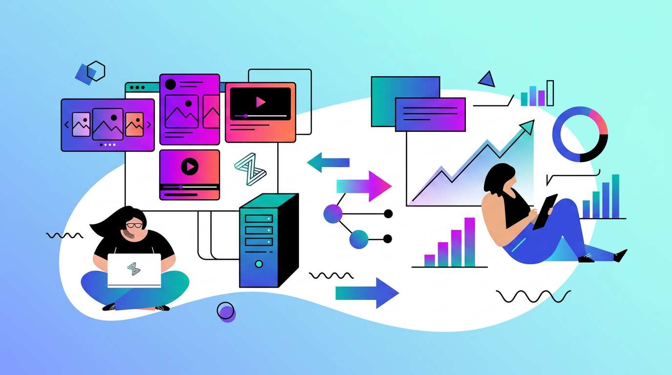 Illustration of two people with laptops surrounded by graphics, charts, arrows, and a server, symbolizing data analysis, technology, and digital workflows.