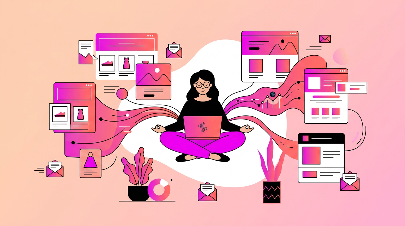 Illustration of a person sitting cross-legged with a laptop, surrounded by floating digital windows, charts, and emails, symbolizing multitasking and digital workflow.