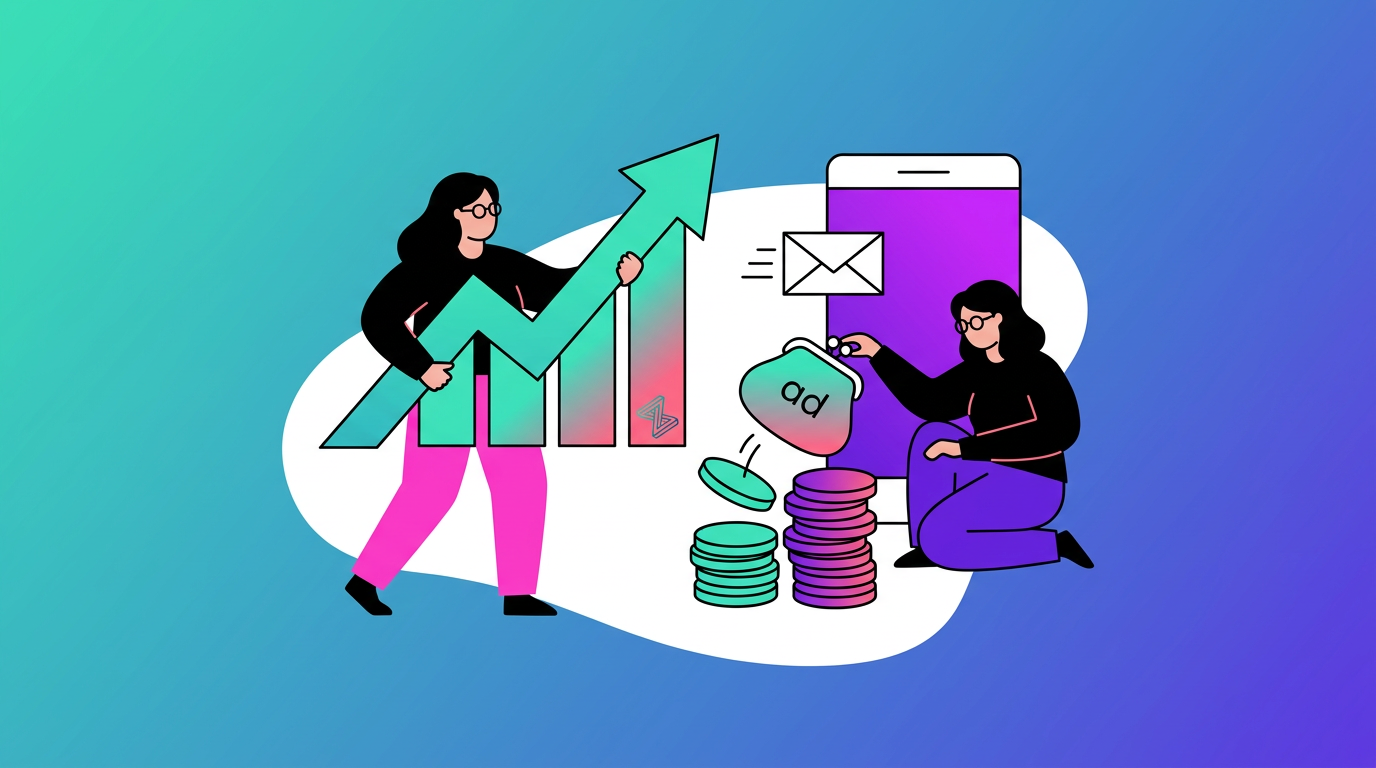 Two people interact with financial symbols, including a rising graph, coins, a wallet, and a large smartphone, representing financial growth and digital transactions.