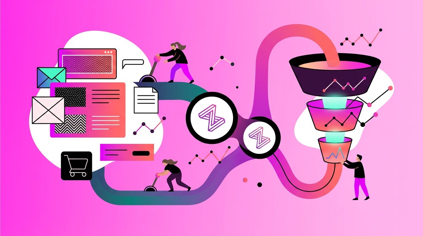 Illustration of people moving data from emails, charts, and web elements through a funnel process, visualizing workflow or digital marketing automation on a pink gradient background.