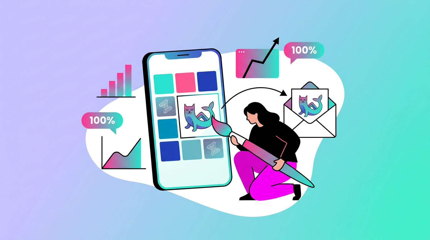 Illustration of a person designing a mobile app interface with charts, graphs, and email icons, representing productivity and digital design on a gradient background.