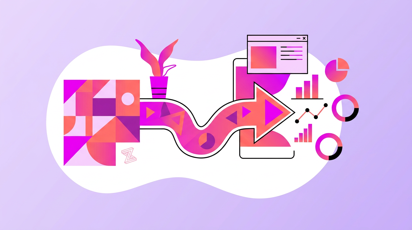Abstract illustration of a stylized arrow moving through geometric shapes, a plant, digital screens, and data charts on a purple gradient background.