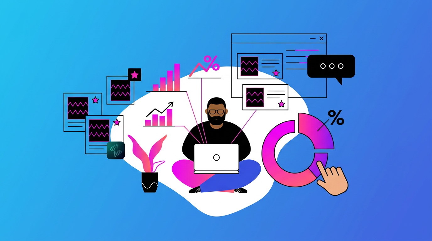 Illustration of a person using a laptop surrounded by charts, graphs, and data icons on a blue gradient background, representing data analysis or digital work.