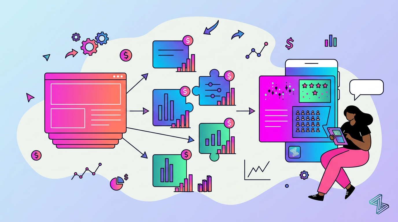 Illustration of a woman using a tablet with digital charts, graphs, and data flow diagrams representing data analysis and workflow automation.