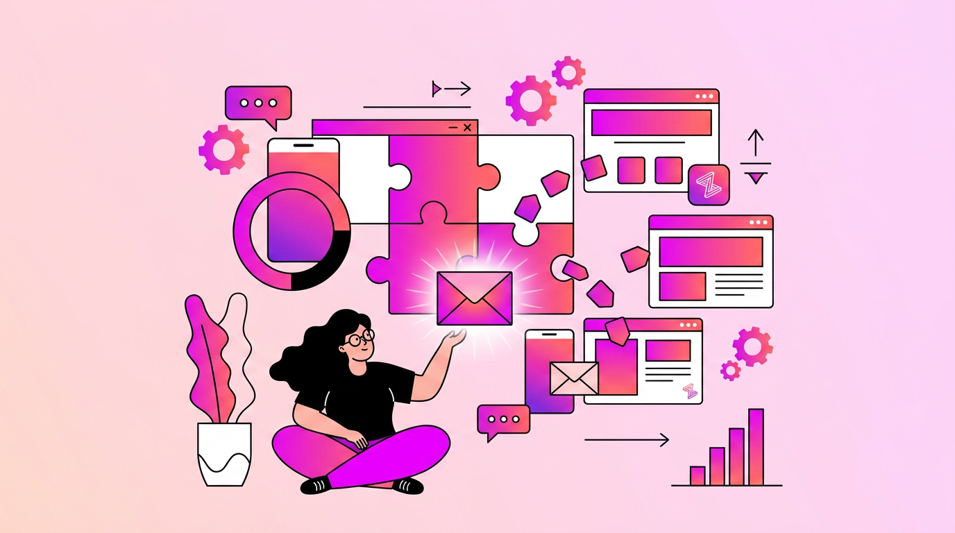 Illustration of a person sitting beside charts, graphs, browser windows, gears, and an envelope, representing digital communication and data integration.