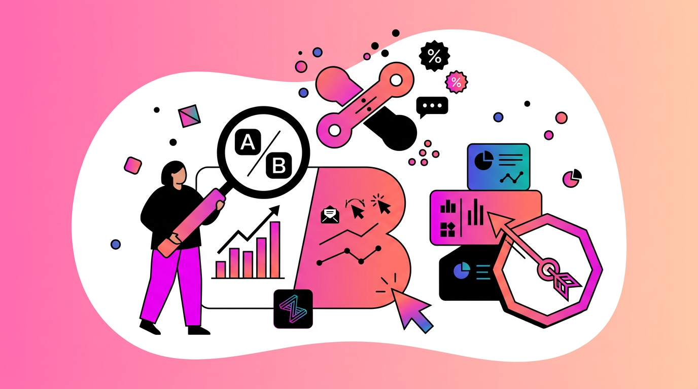 Illustration of a person analyzing charts and graphs with symbols of A/B testing, data analysis, and digital marketing on a pink gradient background.