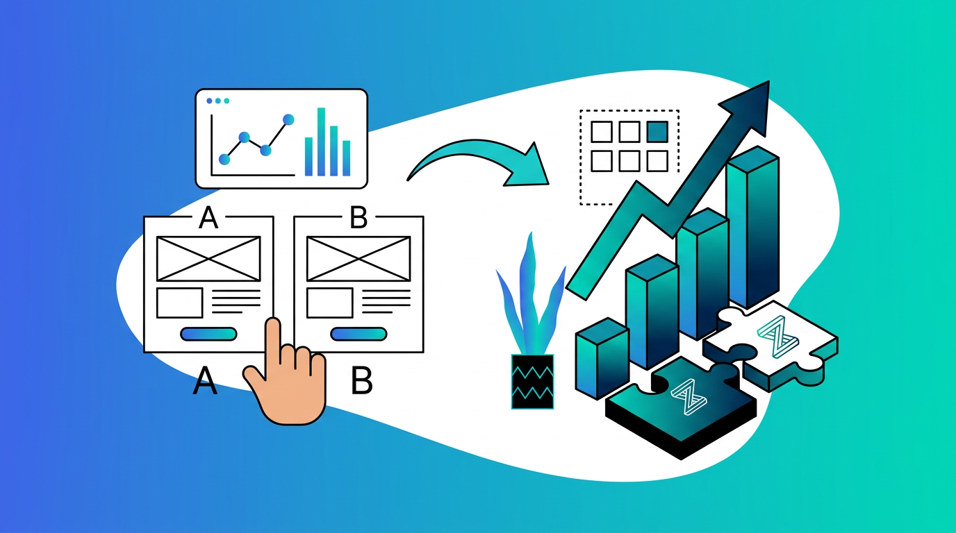 Illustration of A/B testing with charts, a hand selecting option A, a growth arrow, bar graph, plant, and puzzle pieces, symbolizing data-driven decision making and business improvement.