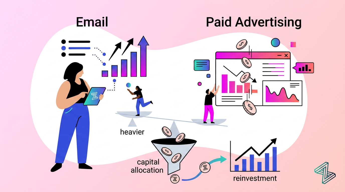 An illustrated graphic compares email and paid advertising, showing charts, people, a funnel labeled "capital allocation," and arrows indicating heavier investment and reinvestment.
