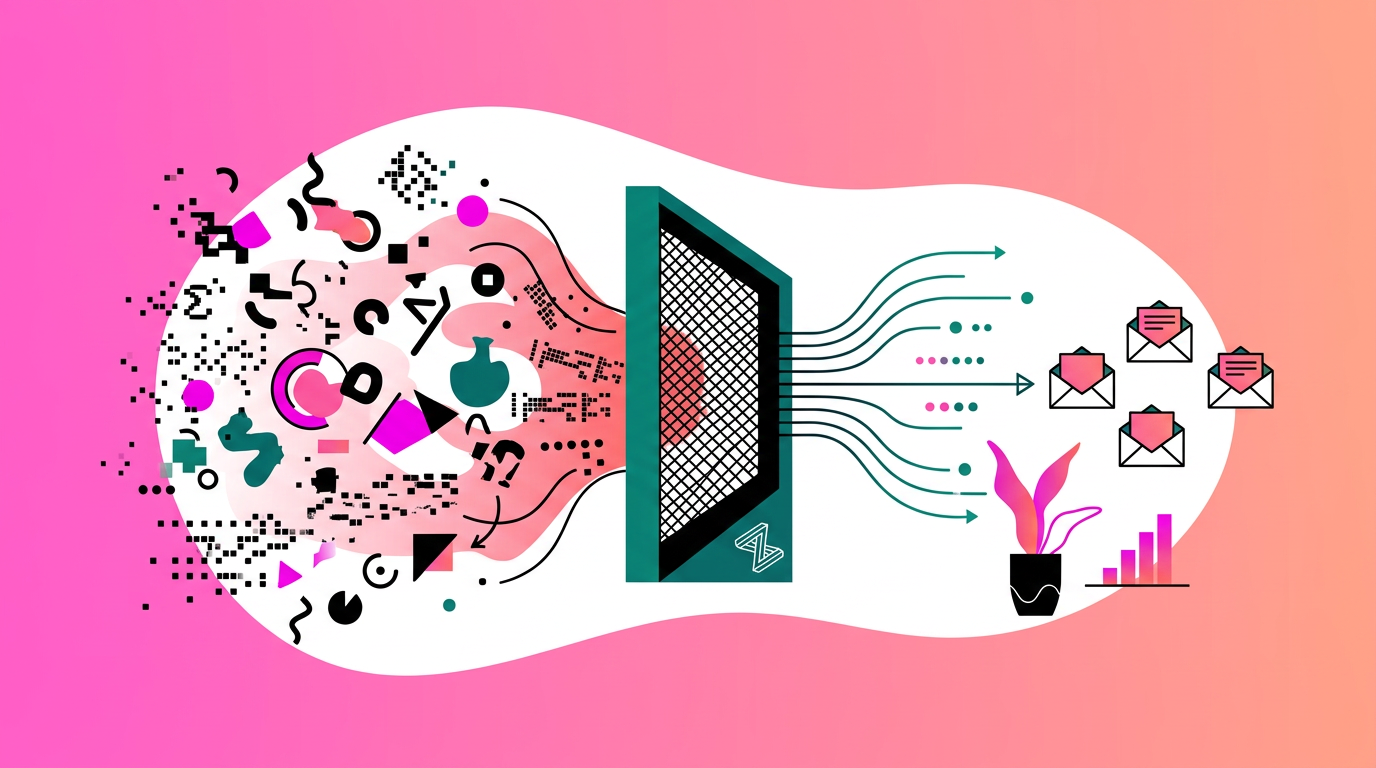 Abstract data symbols enter a filter, becoming organized into arrows pointing toward emails and a potted plant, on a pink gradient background.