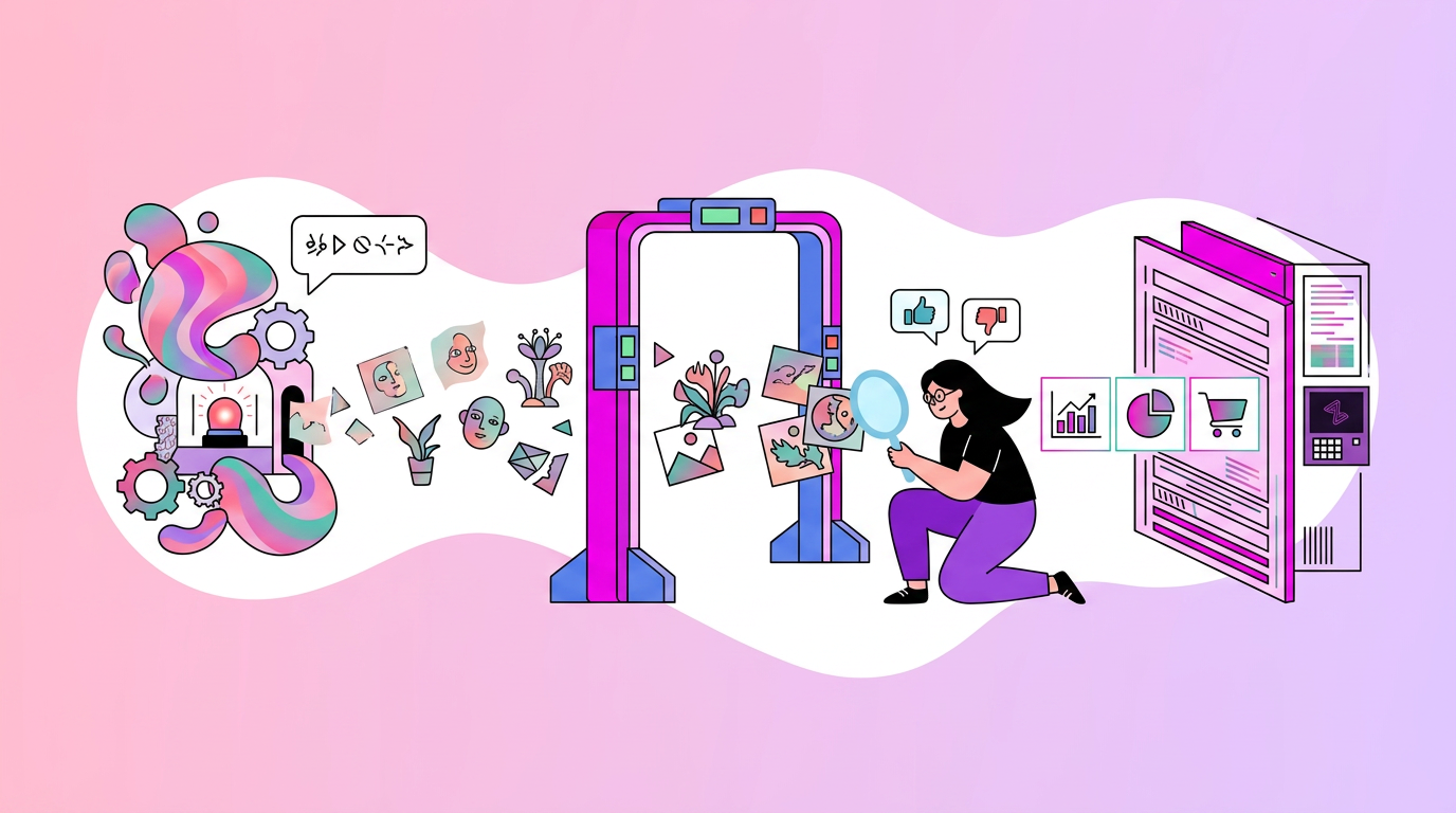Illustration of a woman analyzing images with graphs, charts, and shopping icons, symbolizing data processing and e-commerce on a colorful gradient background.