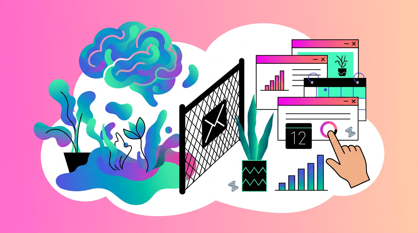 Illustration of a brain, plants, and a fence separating creative elements from organized charts, graphs, and a hand interacting with digital interfaces, on a pink gradient background.