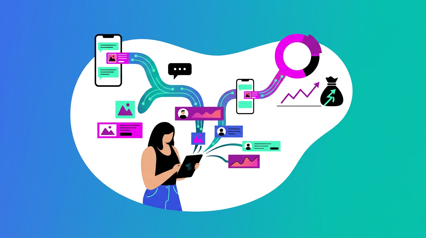A person using a tablet is connected to a network of digital icons, including mobile devices, user profiles, graphs, and a money bag, representing data integration and growth.