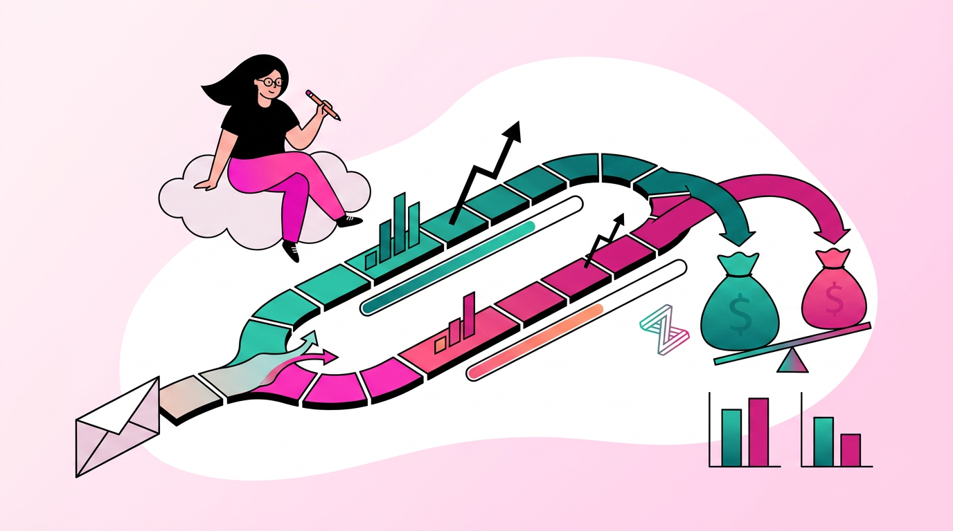 Illustration of a woman on a cloud above a colorful winding path with charts, arrows, money bags, and an envelope, depicting business or financial progress.