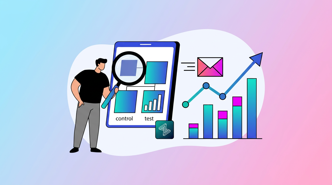 Illustration of a person examining data charts on a large screen, with bar graphs, an upward arrow, and an email icon on a gradient background.