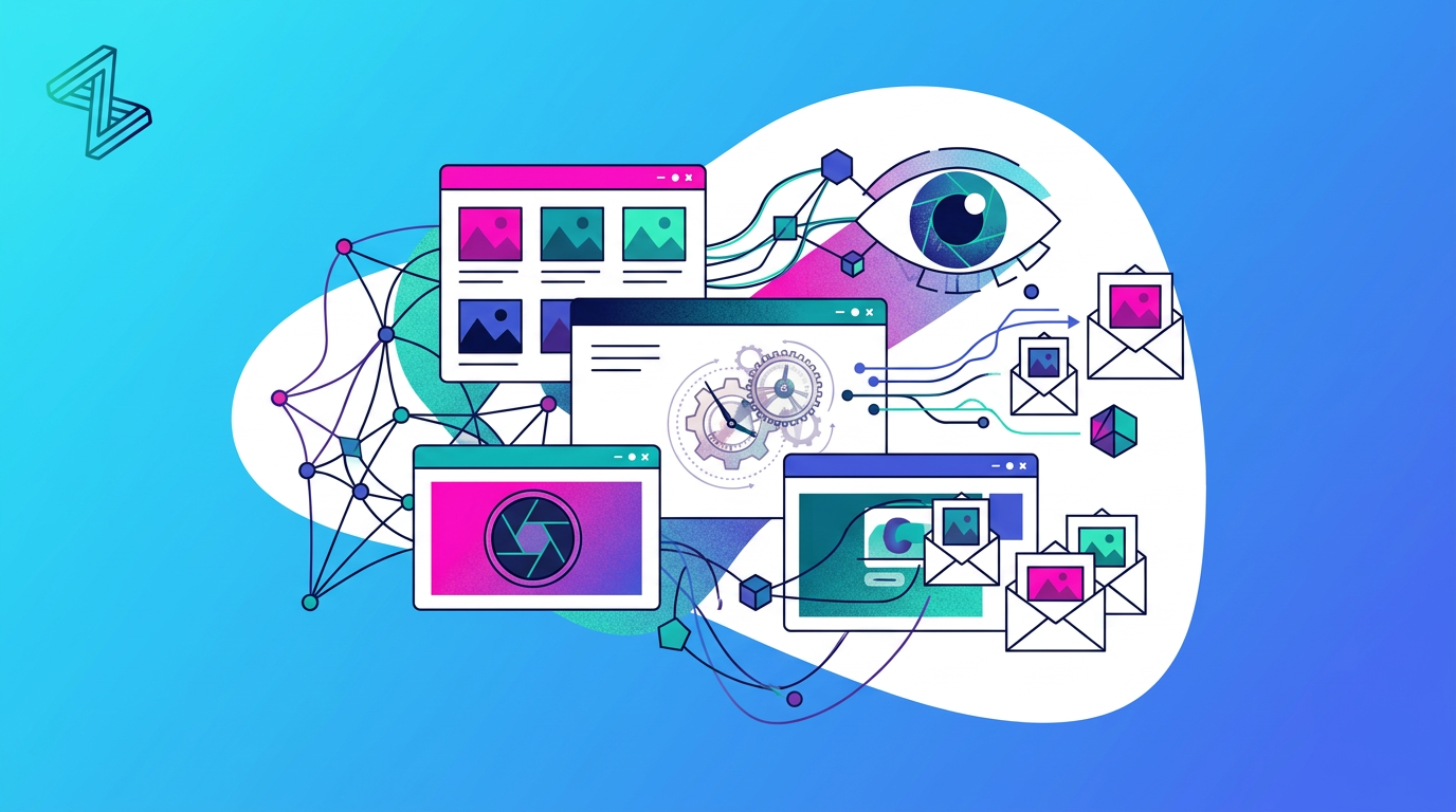 Abstract illustration of web browsers, an eye, gears, emails, and connected nodes on a blue gradient background, representing digital connectivity and online communication.