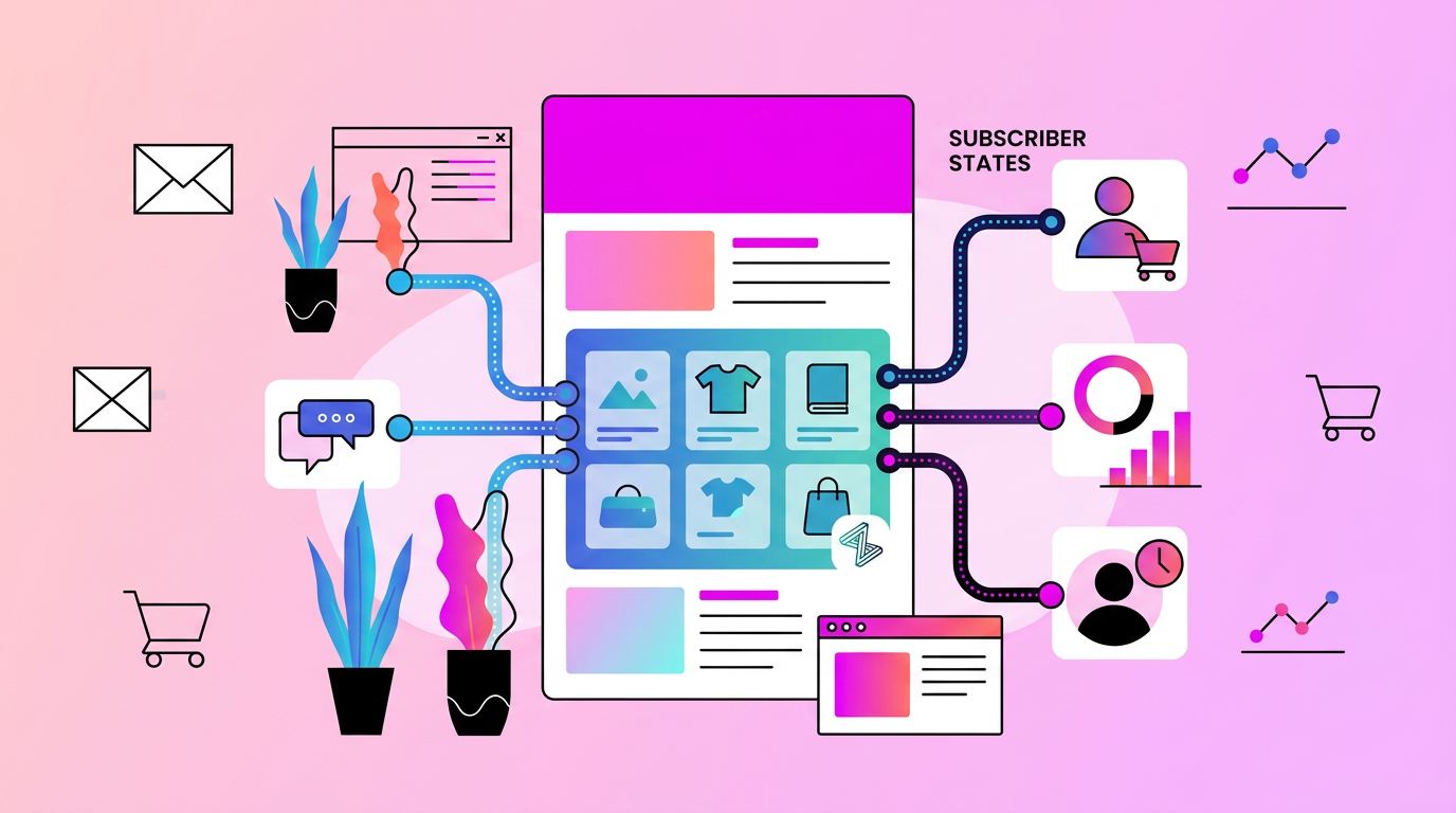 Colorful illustration of a website dashboard with connected icons representing emails, charts, shopping, messages, and user profiles, all linked to “Subscriber States” on a pink gradient background.