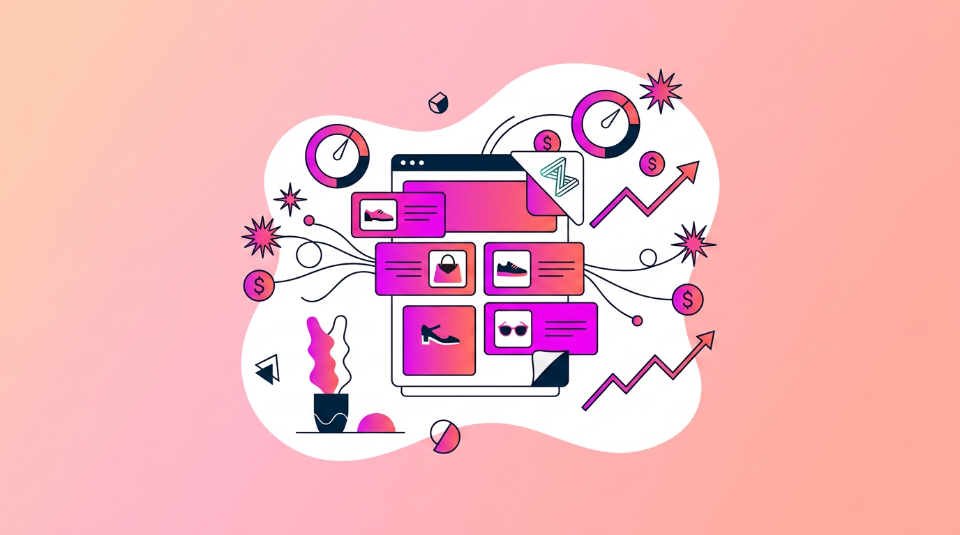 Illustration of an online shopping website with icons of shoes and shopping carts, graphs with rising arrows, and decorative elements on a pink gradient background.
