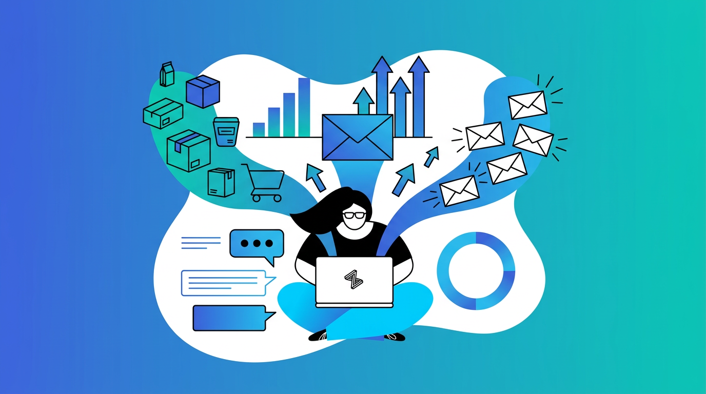 Illustration of a person using a laptop surrounded by icons for email, charts, messages, and ecommerce, representing digital marketing or online business activities.