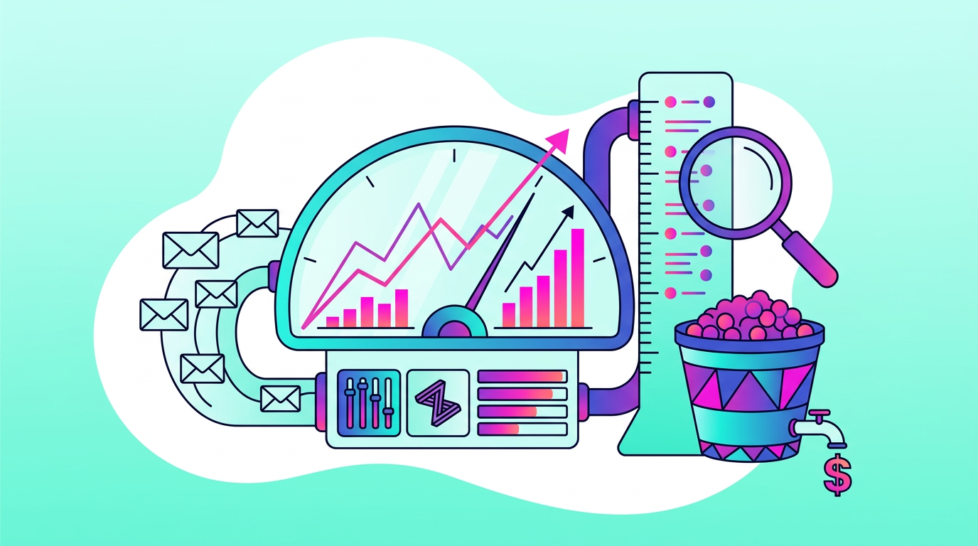 Illustration of graphs and charts on a dashboard, with email icons, ruler, magnifying glass, and a potted plant with coins, symbolizing data analysis and business growth.