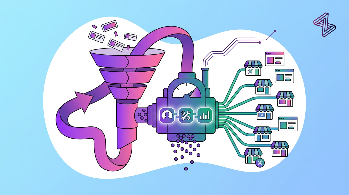 Illustration of data being funneled through a machine, processed, and distributed to multiple storefront icons, symbolizing data management or distribution.
