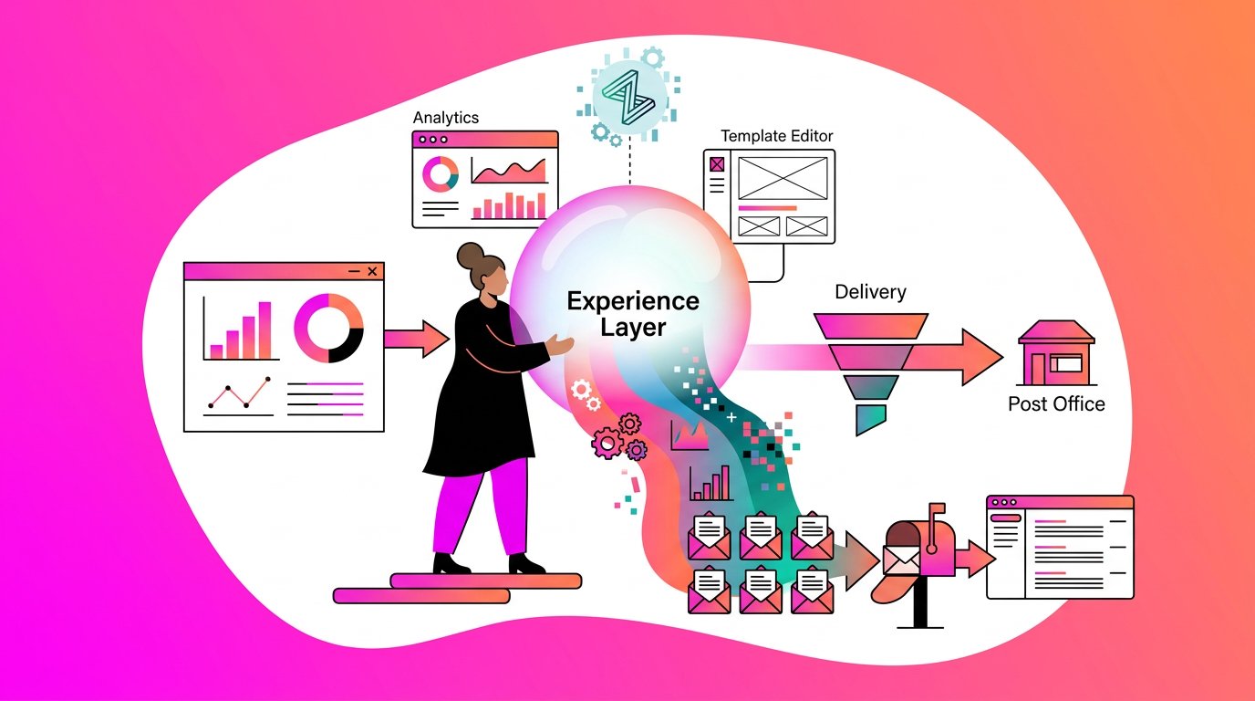 Illustration of a woman interacting with digital charts and forms, showing a workflow from analytics and editing to delivery and a post office icon, labeled “Experience Layer.”.