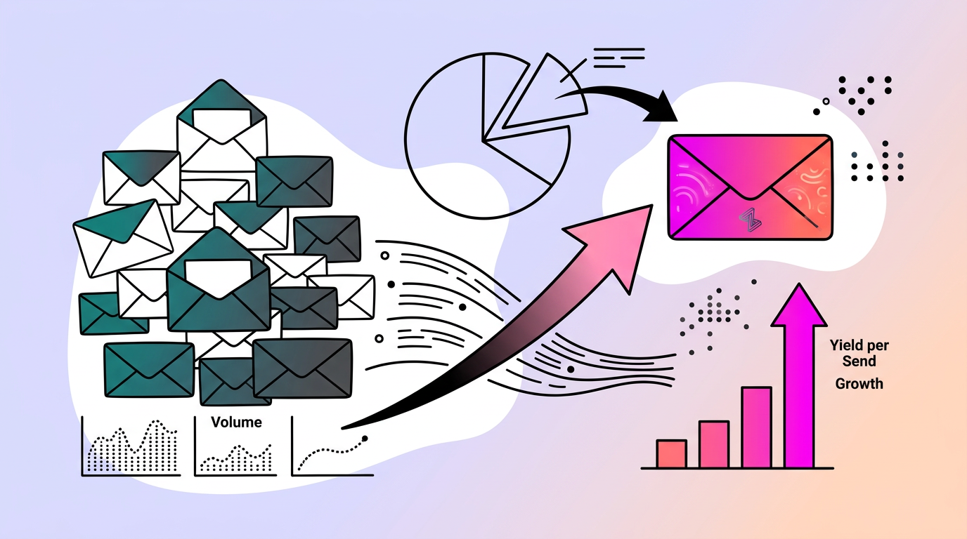 Illustration showing stacks of envelopes, pie chart, arrows, and bar chart indicating increased email volume and yield per send growth.