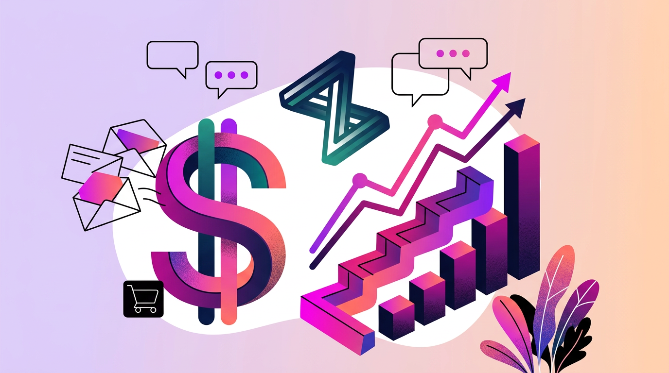 Colorful graphic showing a dollar sign, bar and line charts, chat bubbles, envelopes, a shopping cart icon, and abstract shapes on a pastel background.