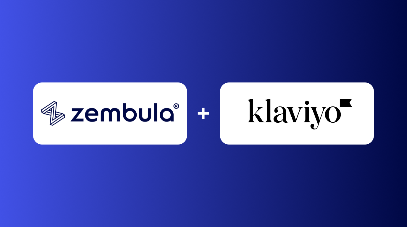 Zembula and Klaviyo logos appear side by side on a blue gradient background, separated by a plus sign, highlighting their powerful partnership for Klaviyo email personalization.