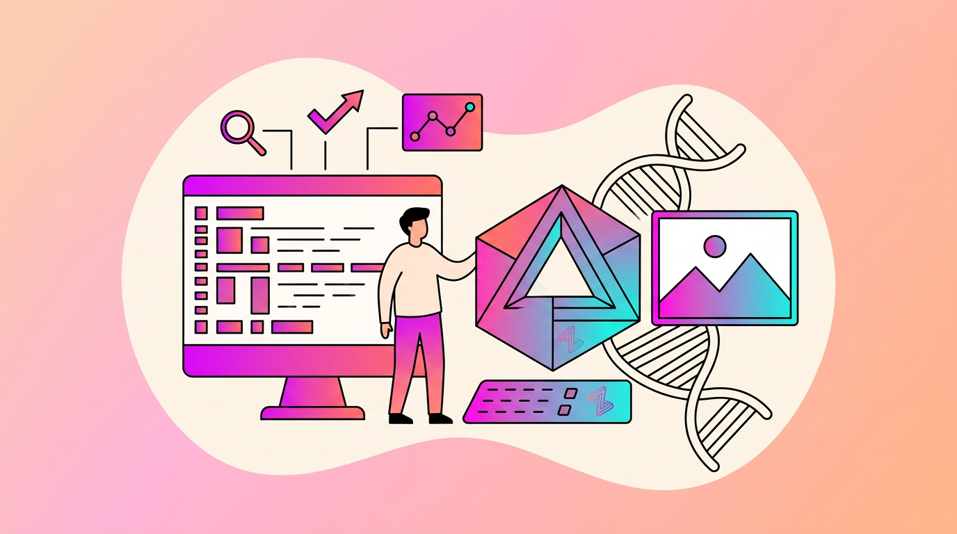Illustration of a person standing by a computer, DNA strand, charts, Ethereum logo, and image icon, representing technology, data analysis, and blockchain concepts.