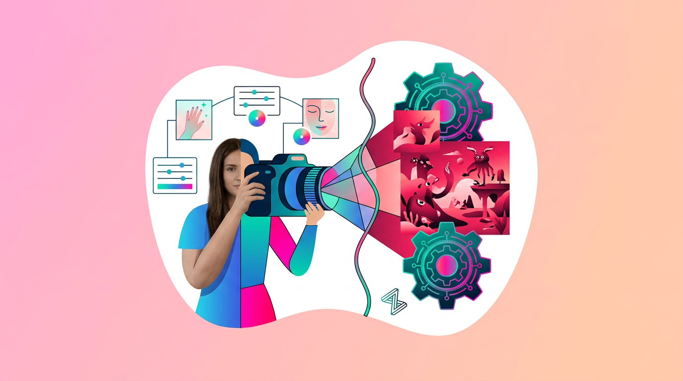 Illustration of a person using a camera to capture images, with graphics showing editing tools, gears, and animal photos, on a pink gradient background.