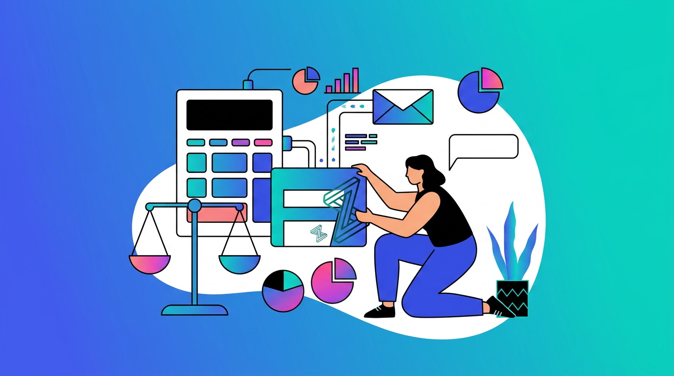 Illustration of a person analyzing charts and graphs, with a large calculator, balance scale, envelopes, and financial documents on a blue gradient background.