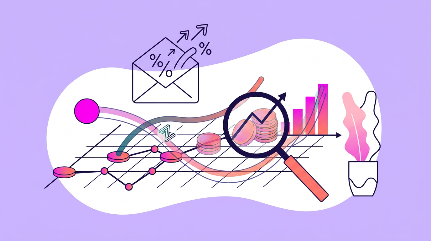 Abstract illustration of graphs, charts, coins, a magnifying glass, and an envelope with percentage signs, representing financial analysis and data trends on a purple background.