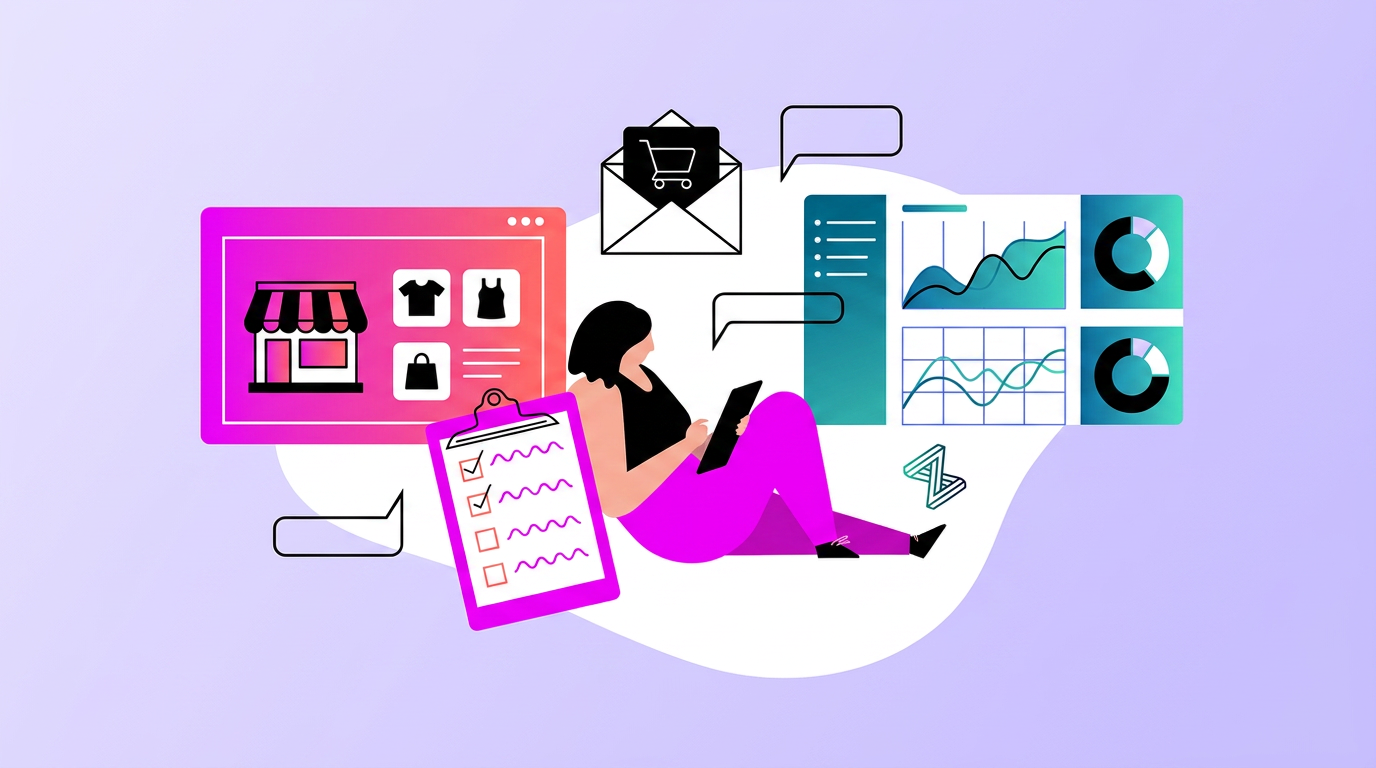Illustration of a person with a tablet surrounded by e-commerce icons, charts, a checklist, and folders on a purple background, representing online business management.
