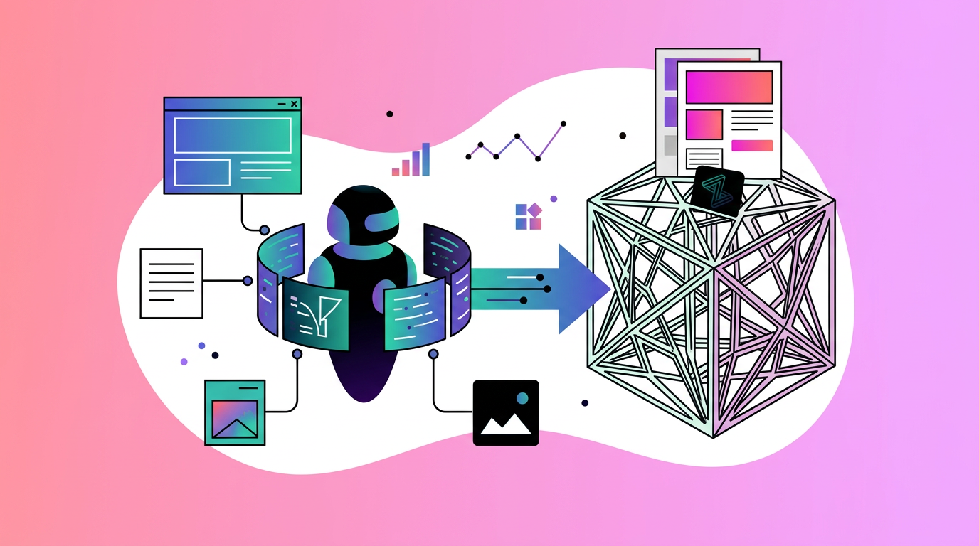 Illustration of a robot processing digital files and charts, transferring data into a geometric structure, symbolizing data analysis or artificial intelligence.