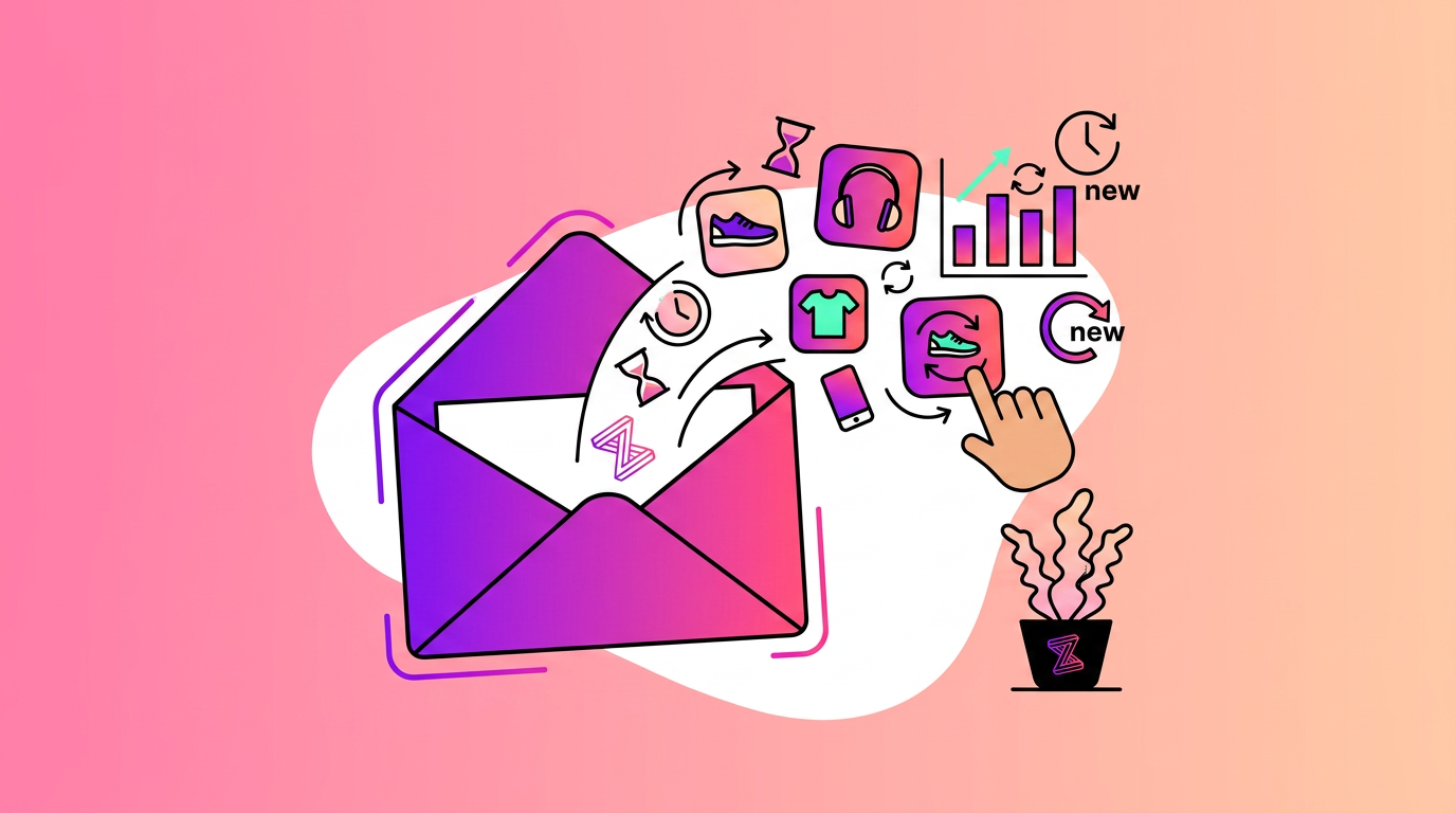 An open envelope with digital icons above it, including charts, a clock, a shirt, a phone, and arrows, on a pink gradient background. A potted plant sits in the lower right corner.