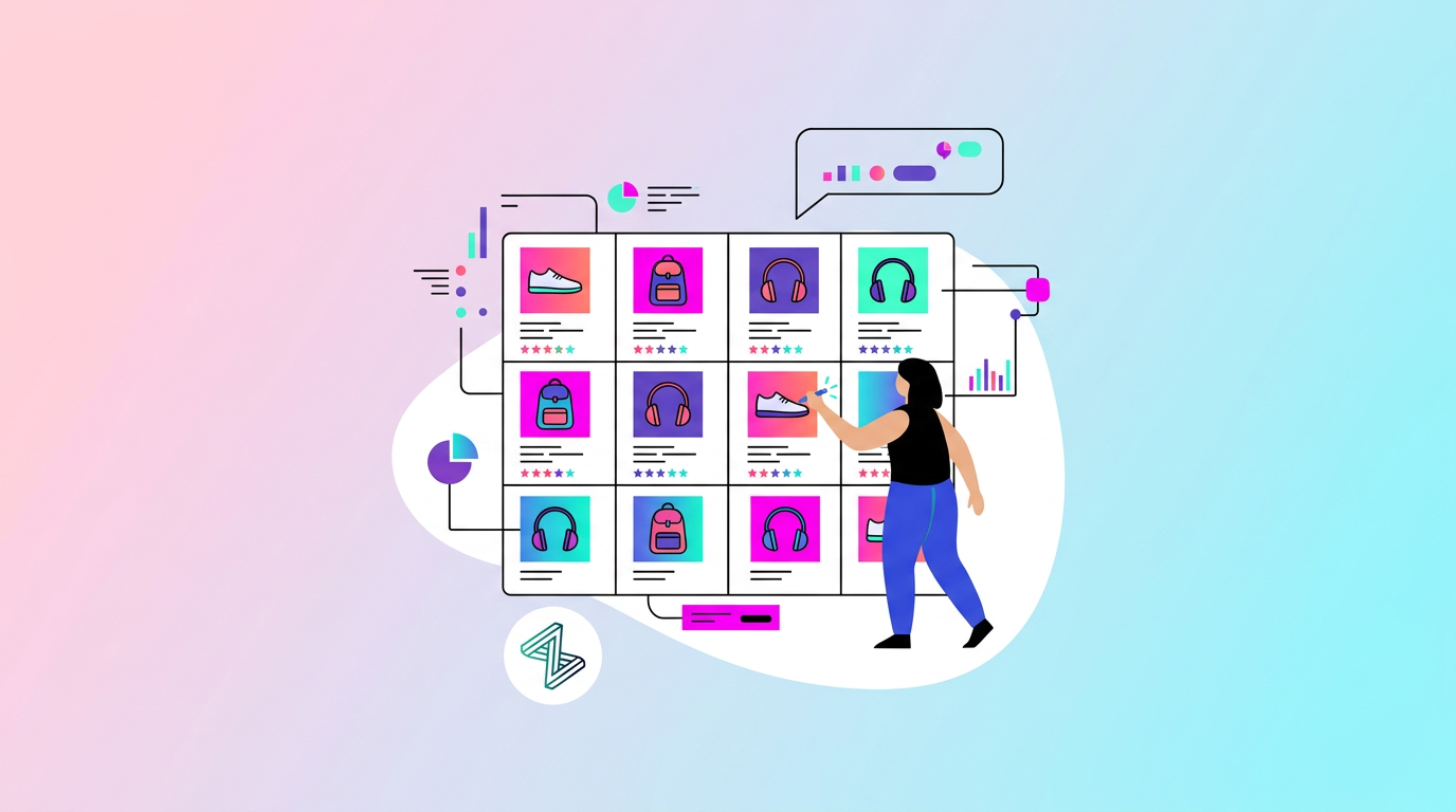 Illustration of a person interacting with a digital storefront displaying various products like shoes, headphones, and bags, with charts and graphs in the background.
