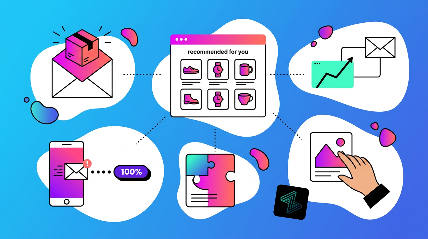 An illustration shows a central “recommended for you” product interface connected to icons representing package delivery, data analytics, mobile messaging, puzzle integration, and content creation.