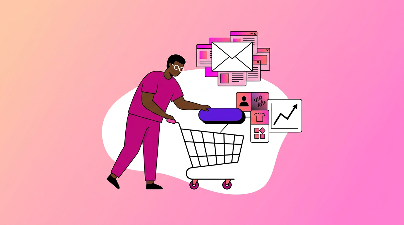 Illustration of a person pushing a shopping cart, with digital icons of emails, profiles, and charts in the background on a pink gradient.