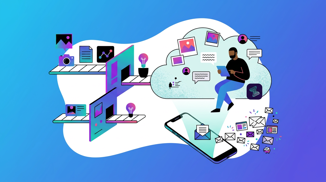 Illustration of a person using a tablet, surrounded by cloud data, files, messages, and icons representing digital communication and media storage.