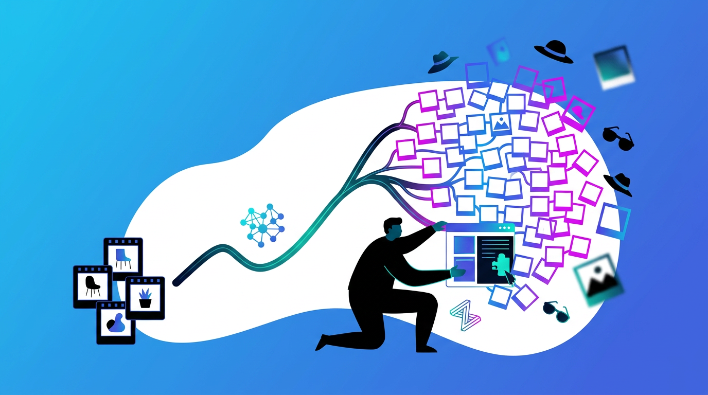 Illustration of a person sorting digital files and images, with icons representing data and images flowing from one side to another on a blue background.