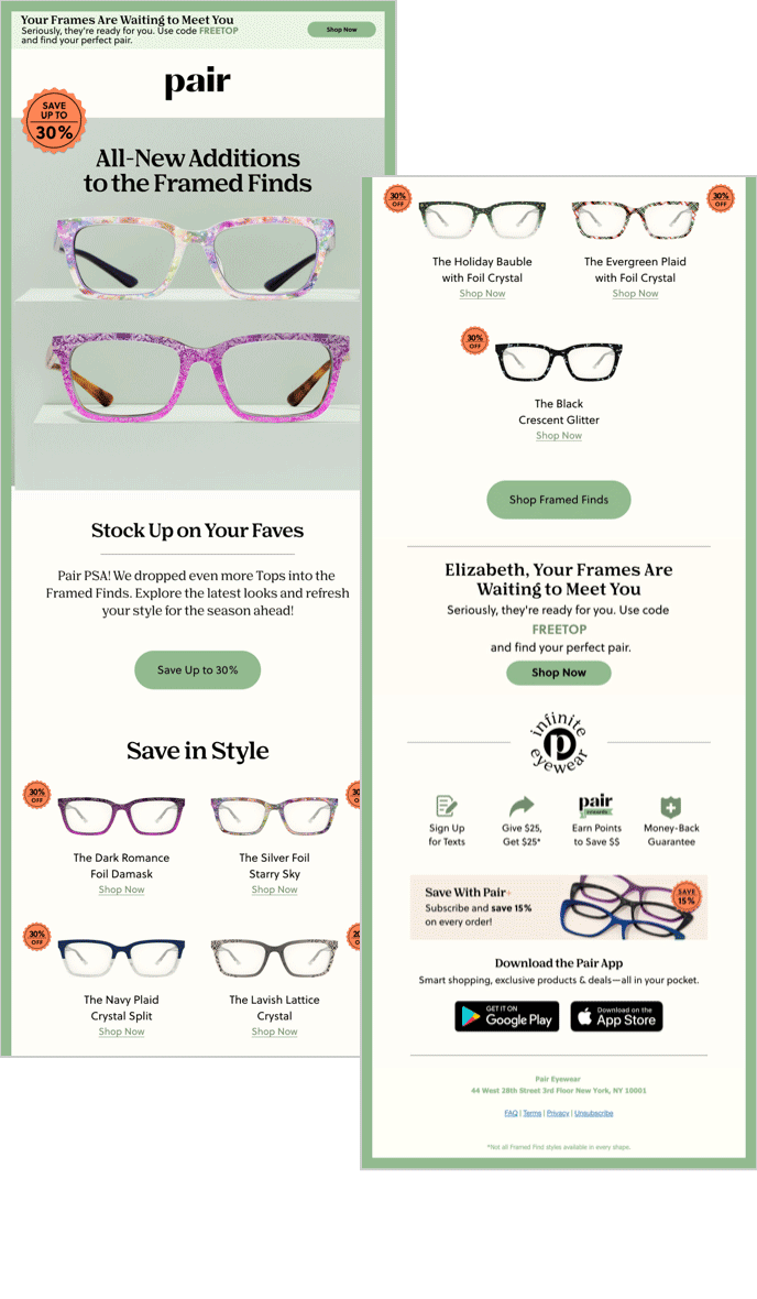 Animated Pair Eyewear email with a personalized Smart Banner at the top and a Smart Kicker block at the bottom